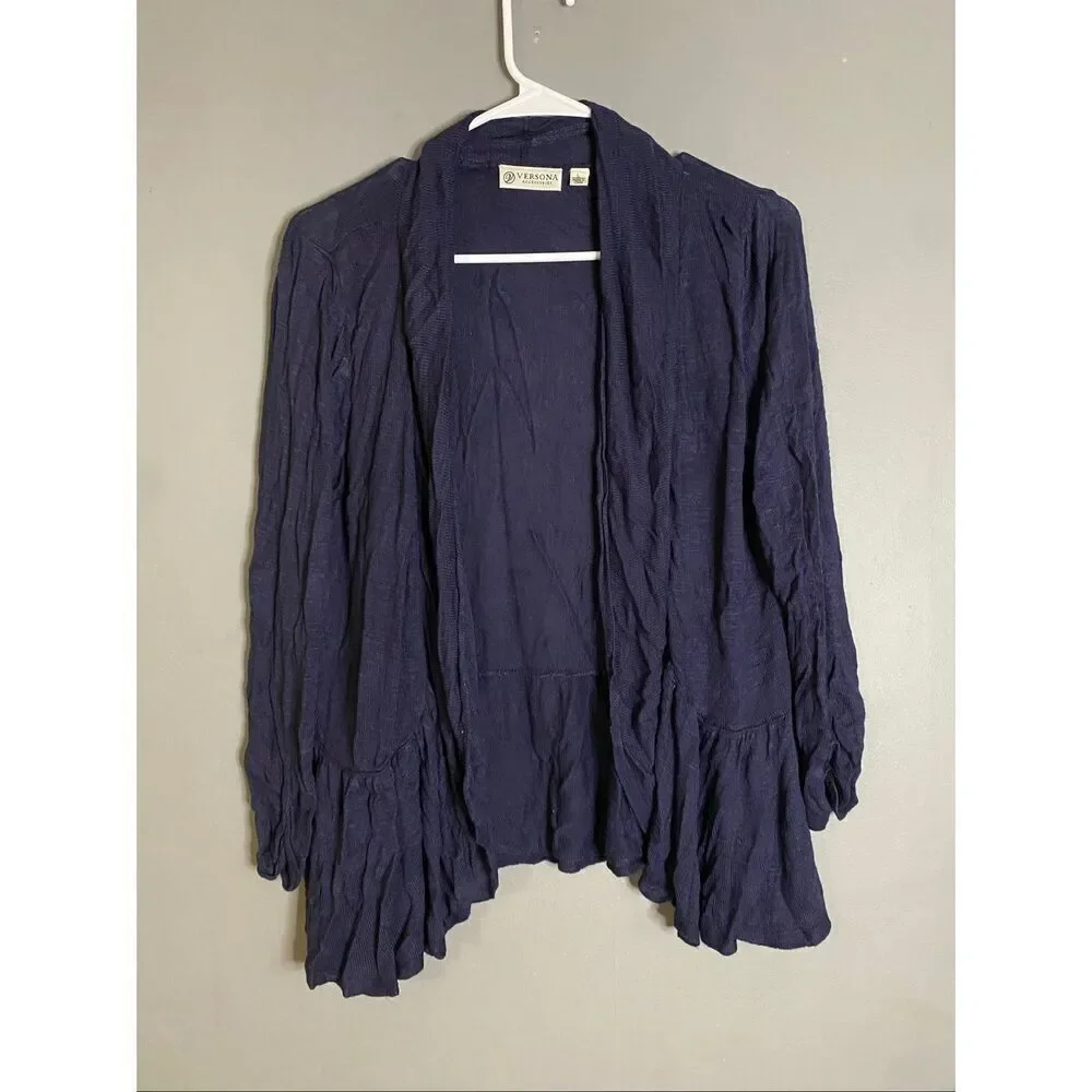 Versona Navy Crinkle Open Front Cardigan Size Large